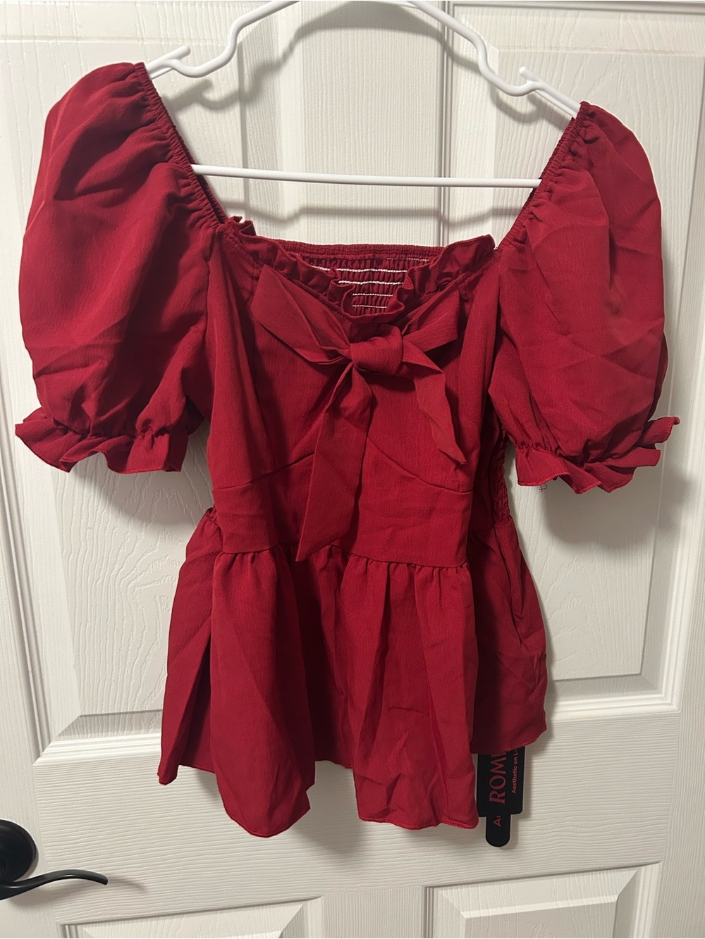 Red Puff-Sleeve Bow Front Top - ROMWE